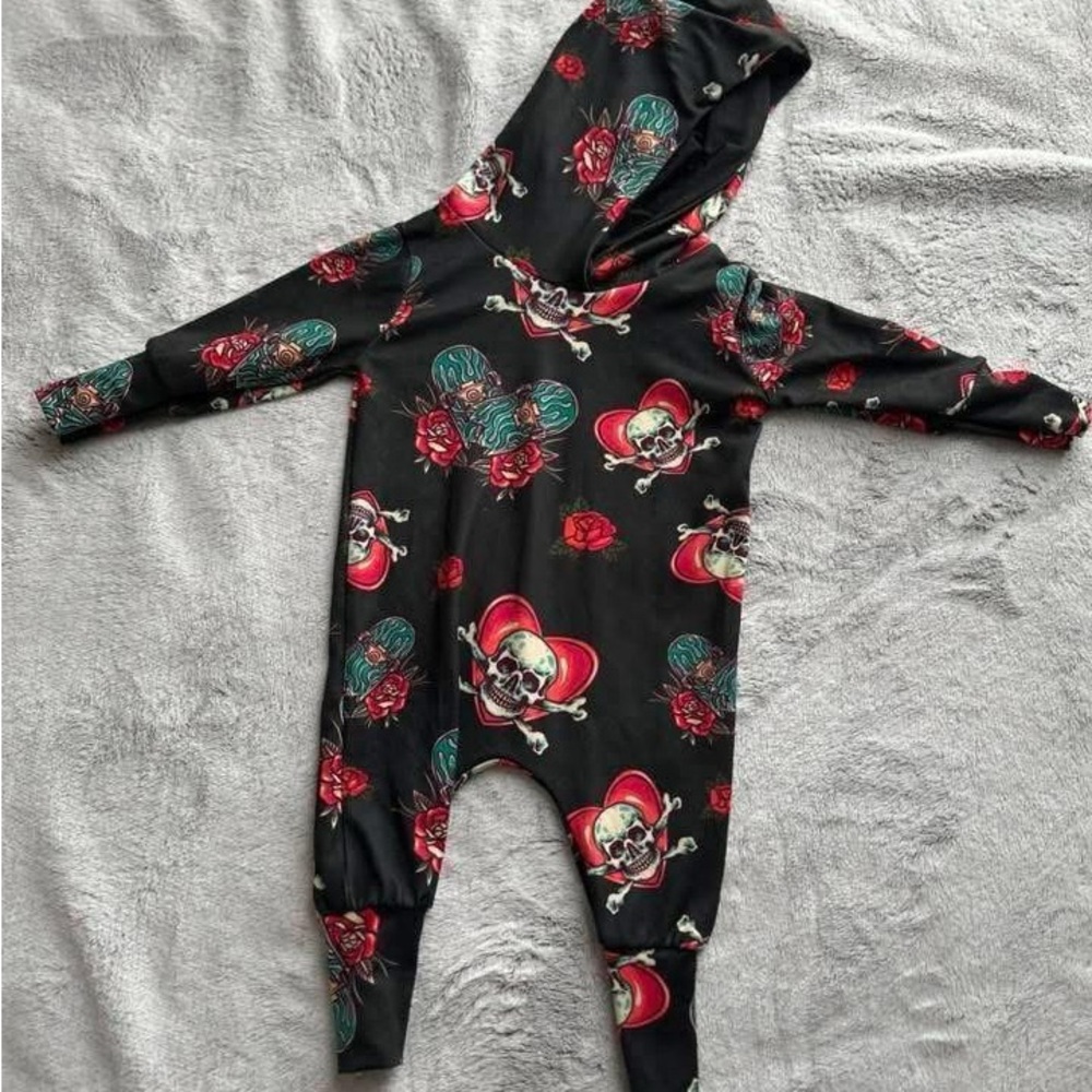 Edgy Skull and Roses Kids Hooded Romper